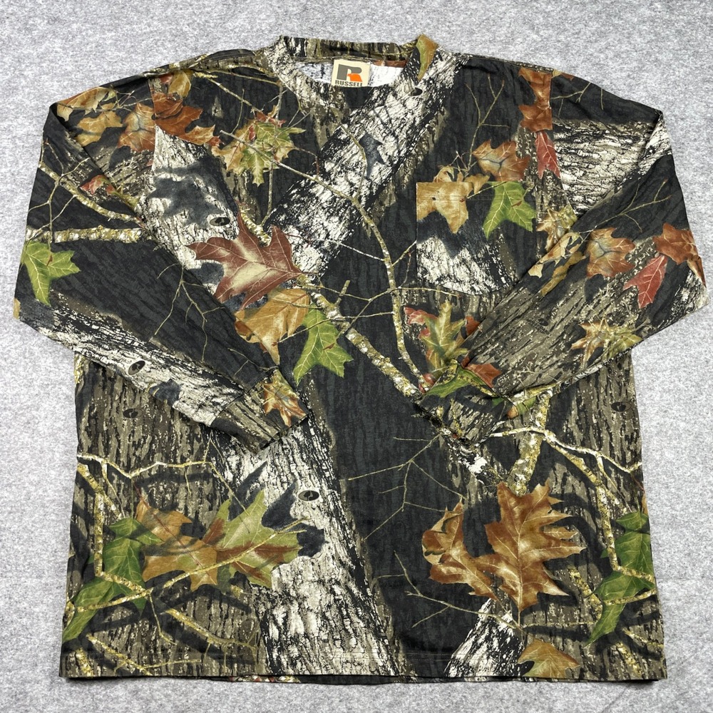 VTG 90s Russell Outdoors Long Sleeve T-Shirt Mens 2XL Camo Mossy Oak Break Up